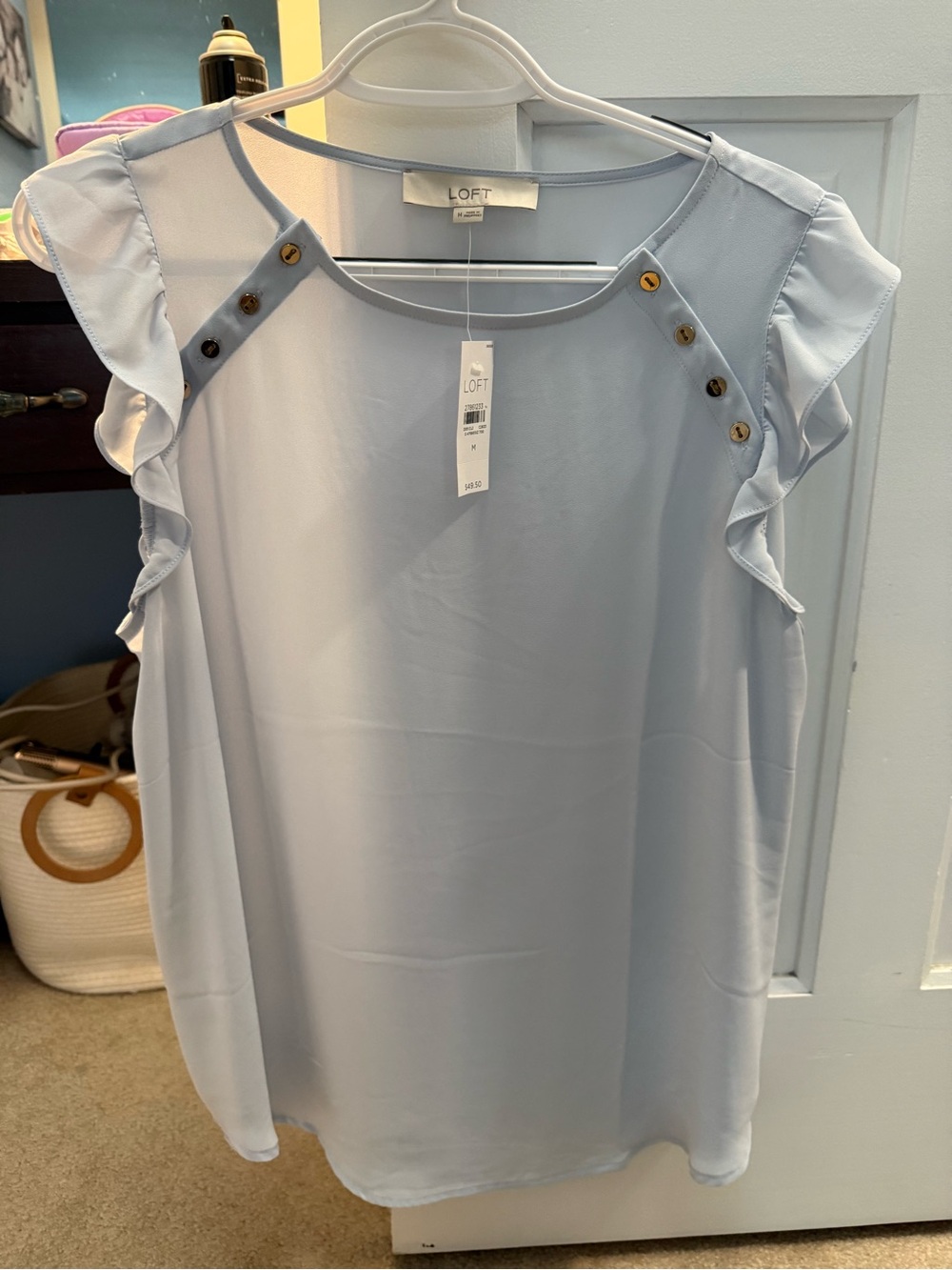 LOFT Pale Blue Ruffle Sleeve Blouse with Button Trim